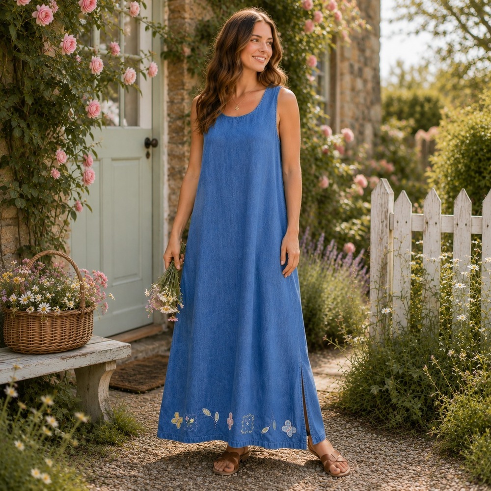 Vintage Y2K‎ Denim Jumper Maxi Dress Sz M Embroidered Floral Butterflies Cottage